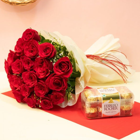 Arrangement of 20 Red Roses and 16 pcs Ferrero Rocher