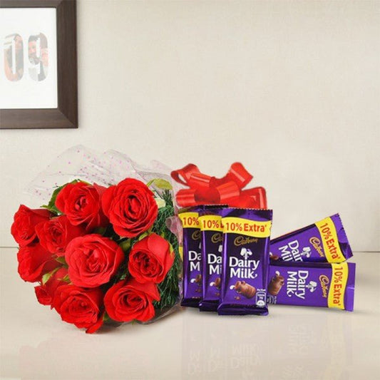 8 Red Roses Bouquet- 5 Dairy Milk Chocolate (13.2 gm)