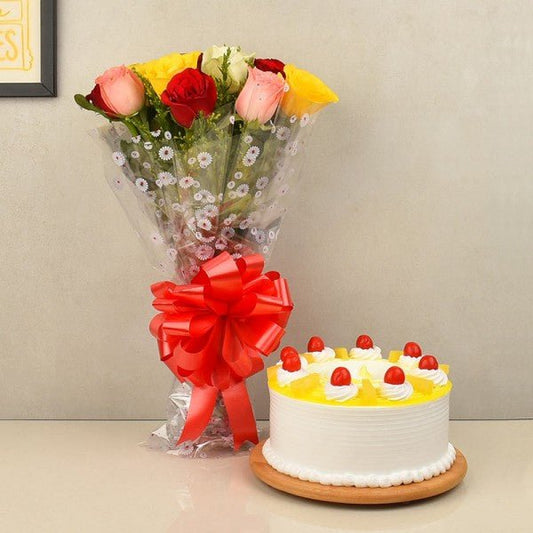 10 Mix Roses Bouquet- 1/2 Kg Pineapple Cake