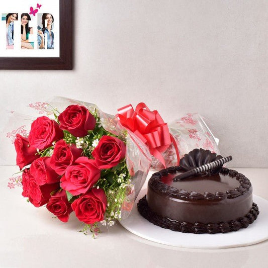 10 Red Roses Bouquet- 1/2 Kg Chocolate Truffle Cake