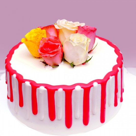1/2 Kg Vanilla Cream Cake Decorated with 6 Real (Pink,Red,White and Yellow) Roses