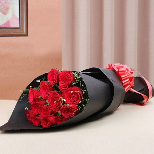 12 Red Roses Black Paper Bouquet
