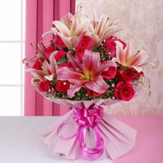 15 Hot Pink Roses and 8 Oriental Pink Lilies Bouquet