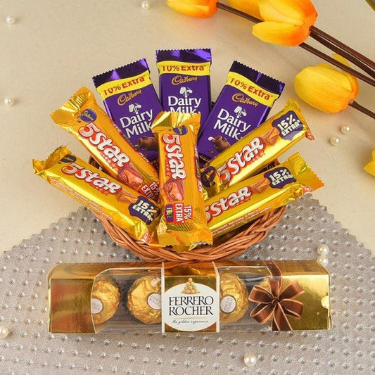 Ferrero Rocher Chocolate (4Pcs)  - Basket  - 5 Five Star Chocolates (22.4Gm)  - 3 Dairy Milk Chocolate (13.2 Gm