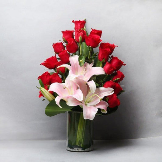 20 Red Roses and 3 Asiatic Pink Lilies Glass Vase Arrangement