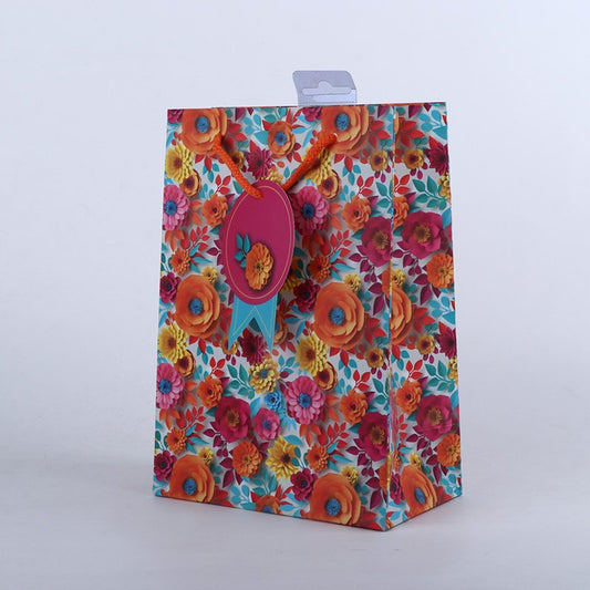 Orange and Pink Flowers Printed Paper Bag Pack of 3