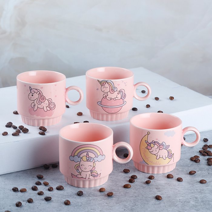 Pink 250 ML Ceramic Mug Set of 4 with 1 Stand