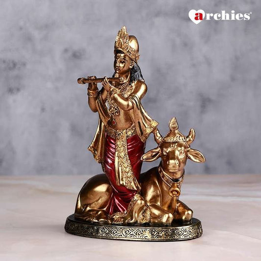 Red And Golden Kanha Idol With Holy Cow 17 cm