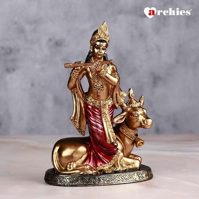 Red And Golden Kanha Idol With Holy Cow 17 cm