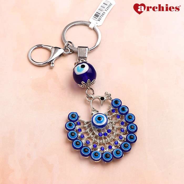 Archies Blue And White Peacock Protective Evil Eye Keychain
