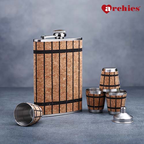 Stainless Steel Wooden themed Hip Flask Gift Set