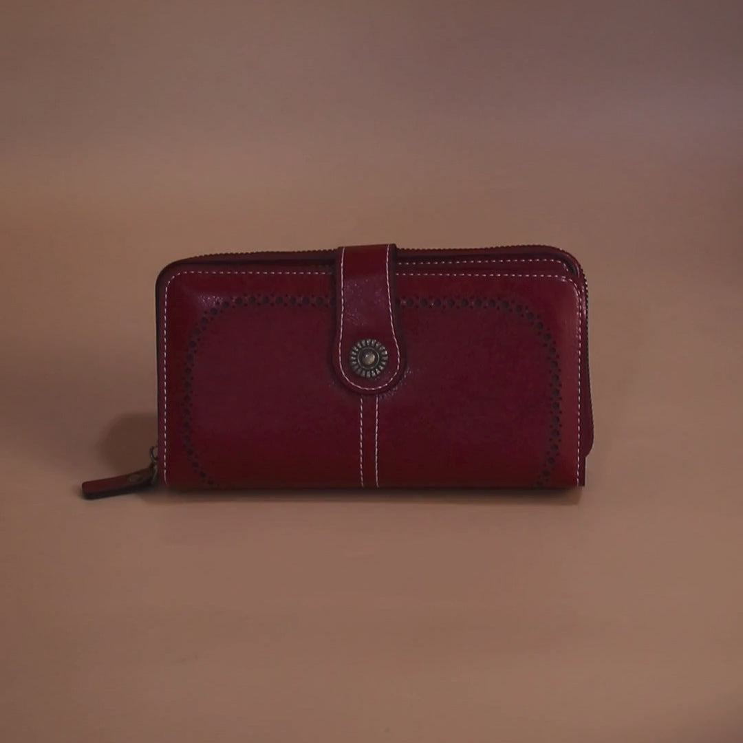 Maroon Brogue-Perforated Tab Wallet