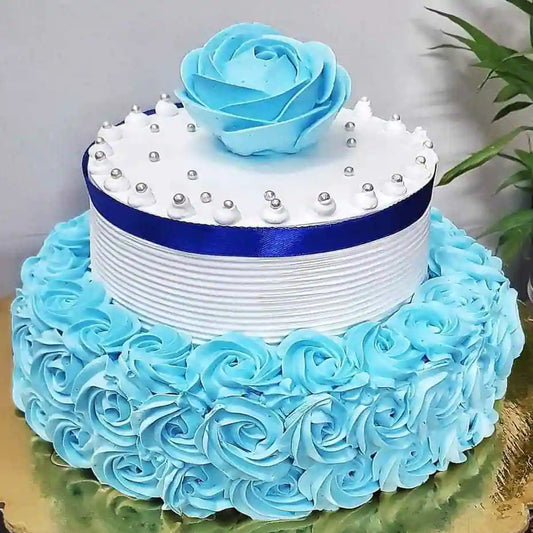 Two Tier Chocolate blue and White Rose Cake
