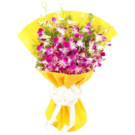 orchid with a Yellow paper and white Bow