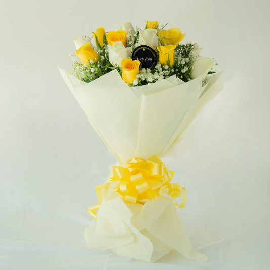 Yellow And White Roses White Paper Wrapped Bouquet