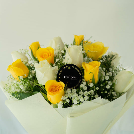 Yellow And White Roses White Paper Wrapped Bouquet