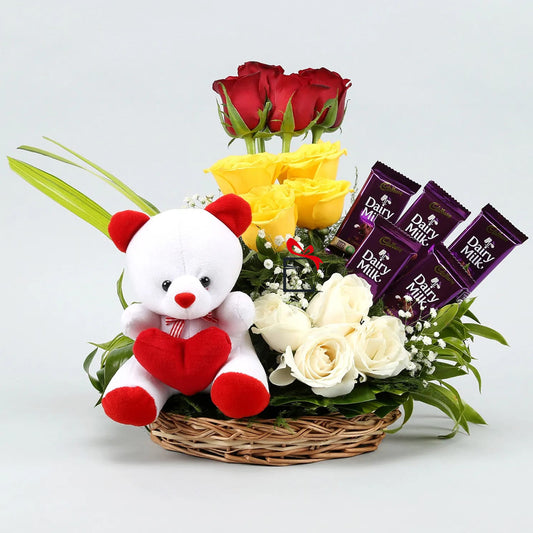 Flowers with Chocolate Basket and Teddy bear