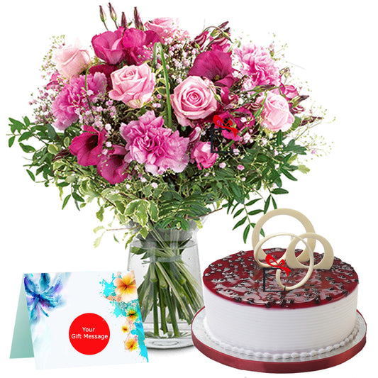 Mixed Flowers with Glass Vase and Blueberry Cake