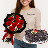 Sweet Blossoms Red roses with Black forest Cake