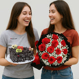Sweet Blossoms Red roses with Black forest Cake