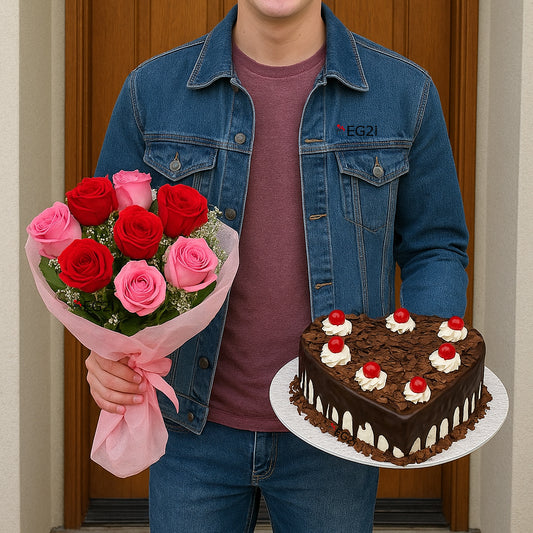Sweetheart Blossoms Roses bouquet with Black Forest Cake