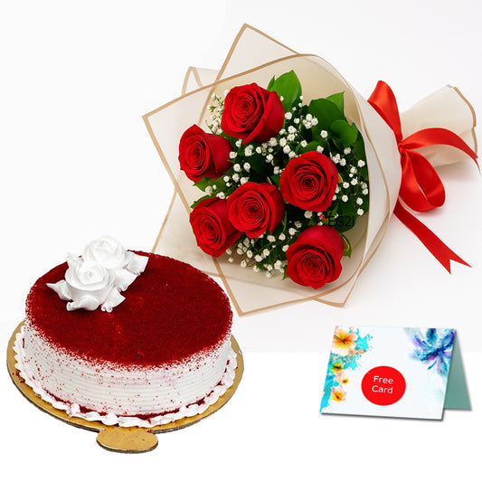  Blooming Treat Roses Bouquet with Red Velvet Cake