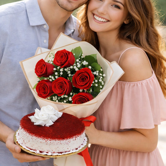 Blooming Treat Roses Bouquet with Red Velvet Cake