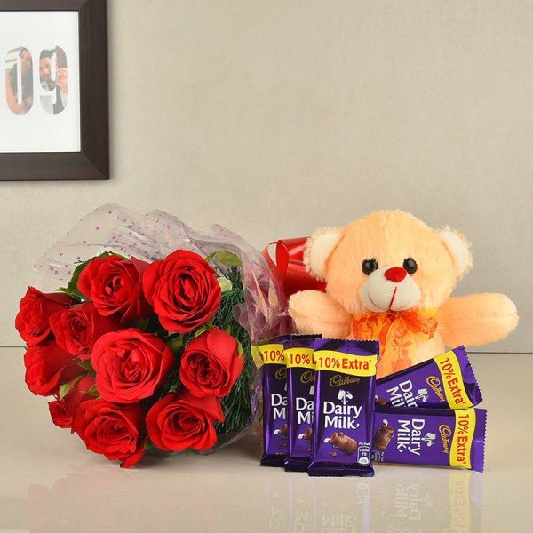 10 Red Roses Bouquet – Teddy bear (6 inch) – 5 Dairy Milk (13.2 gm)