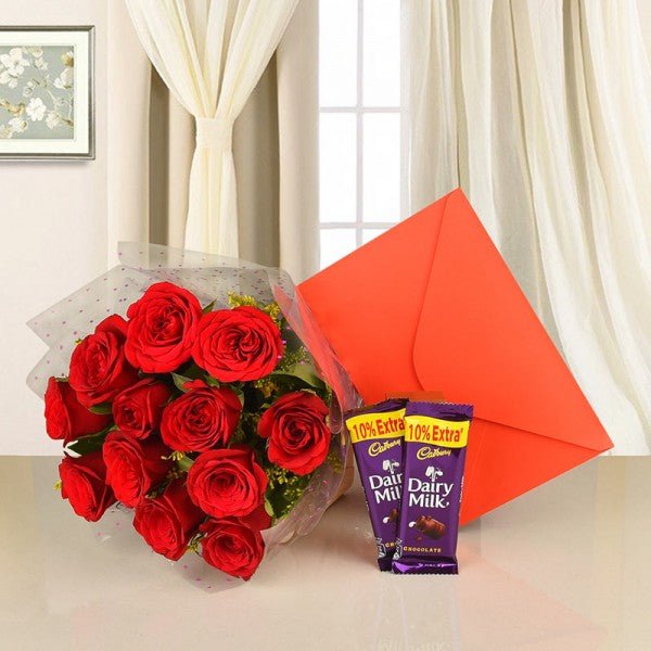 12 Red Roses- 2 Cadbury’s Chocolate – Greeting Card (As per occasion)