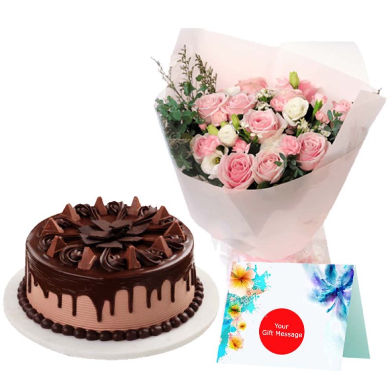 500 gm Pink And White Roses with Chocolate Delight Cake