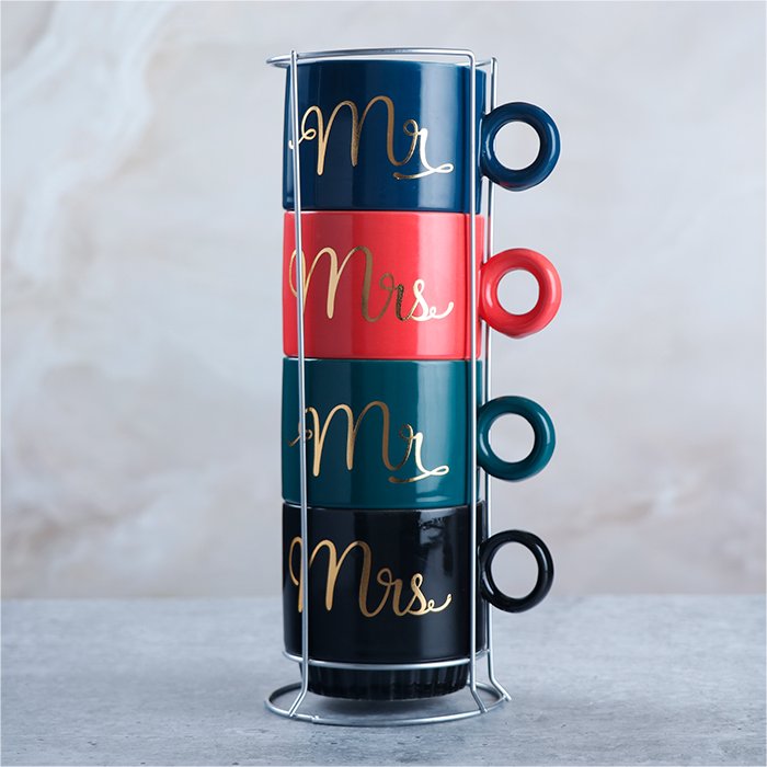 Mr and Mrs 200 ML Ceramic Mug Set fo 4 with 1 Stand