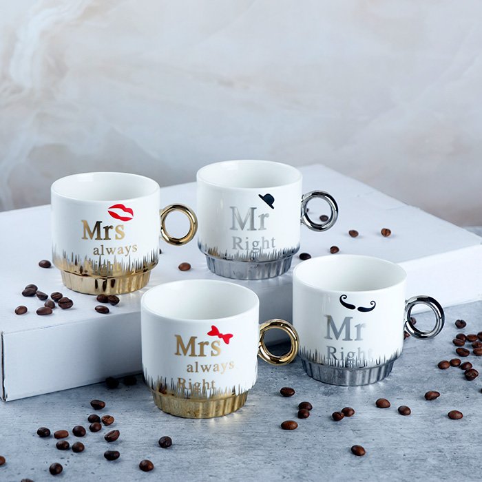 White Mr and Mrs 250 ML Ceramic Mug Set fo 4 with 1 Stand