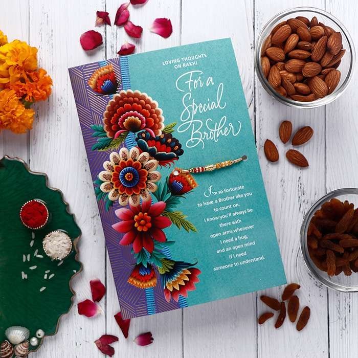 The Beautiful Design Card With Rakhi To Your Brother with The Delish Co - Bites Mini Chocolate Bar 90g