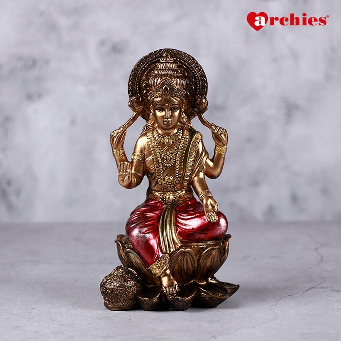 Red And Golden Ganesha And Lakshami Ji On Lotus Idol 12 cm