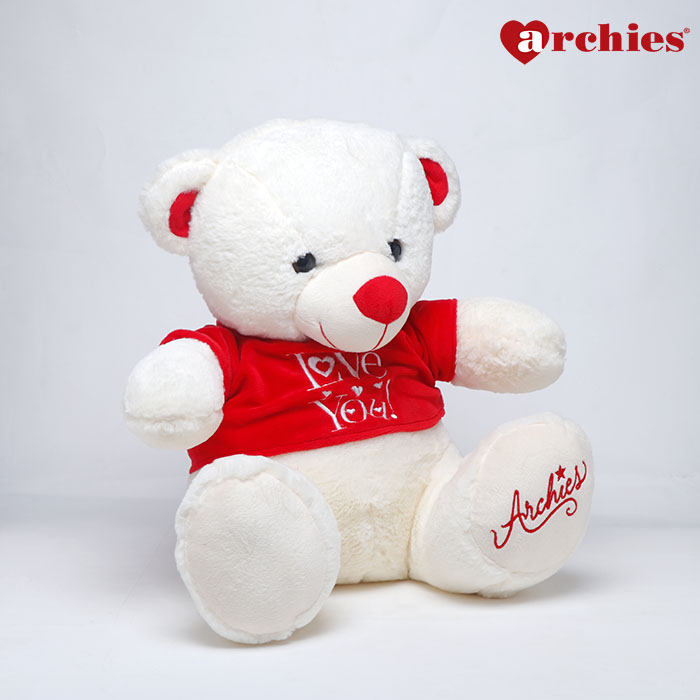 Cute White Lily Bear Soft Toy in Red Love You T shirt