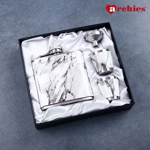 Marble Print Hip Flask Gift Set