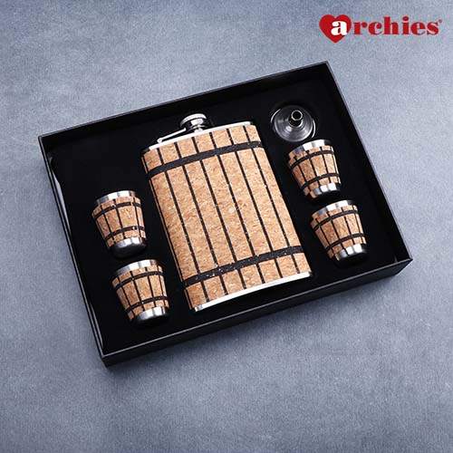 Stainless Steel Wooden themed Hip Flask Gift Set