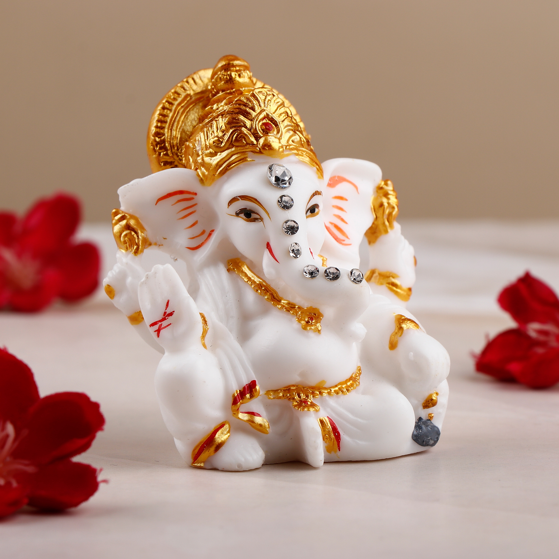 White and Golden Accents Shree Ganesha Table Top Idol