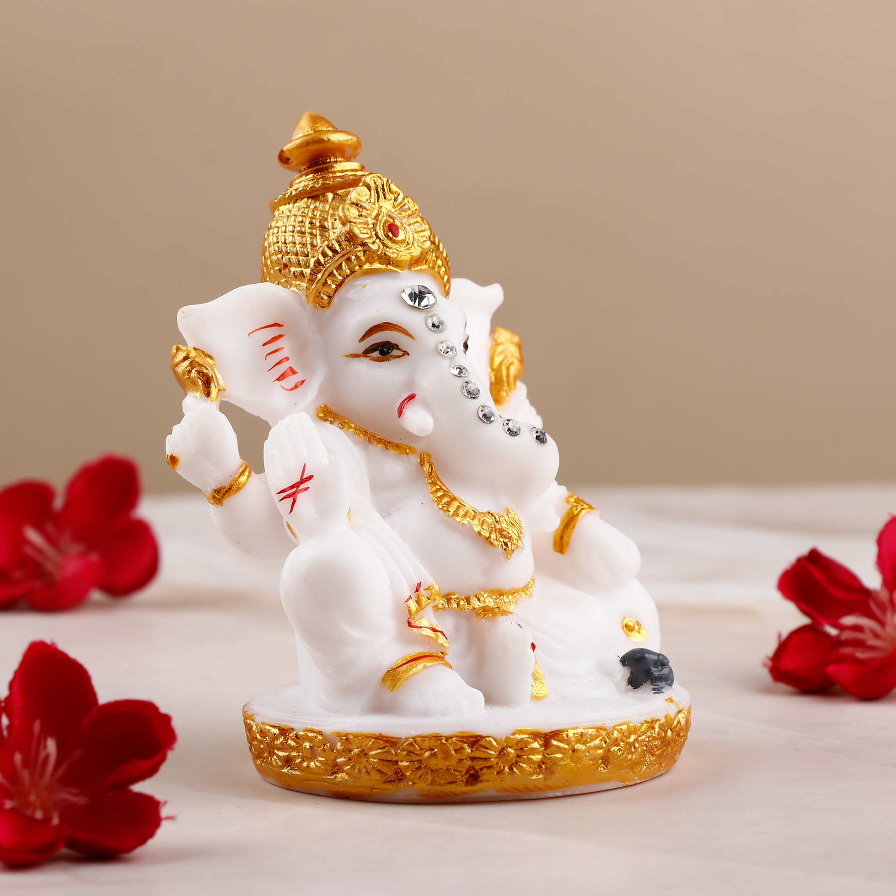 Divine White and Golden Shree Ganesha Table Top Idol