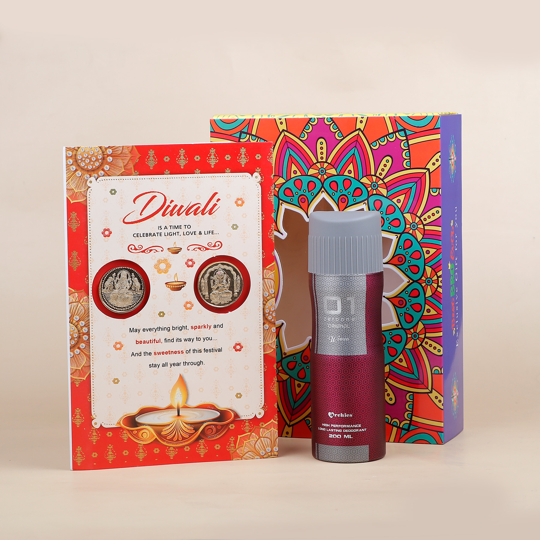 Diwali Aarti with Golden Coins Card with Perfume Gift Set