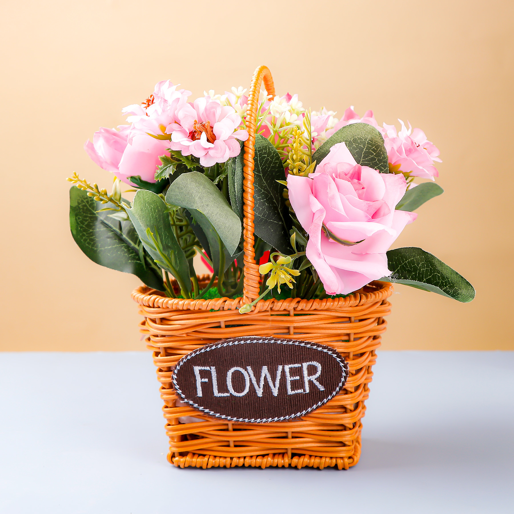 Pink Rose Artificial Flower Basket