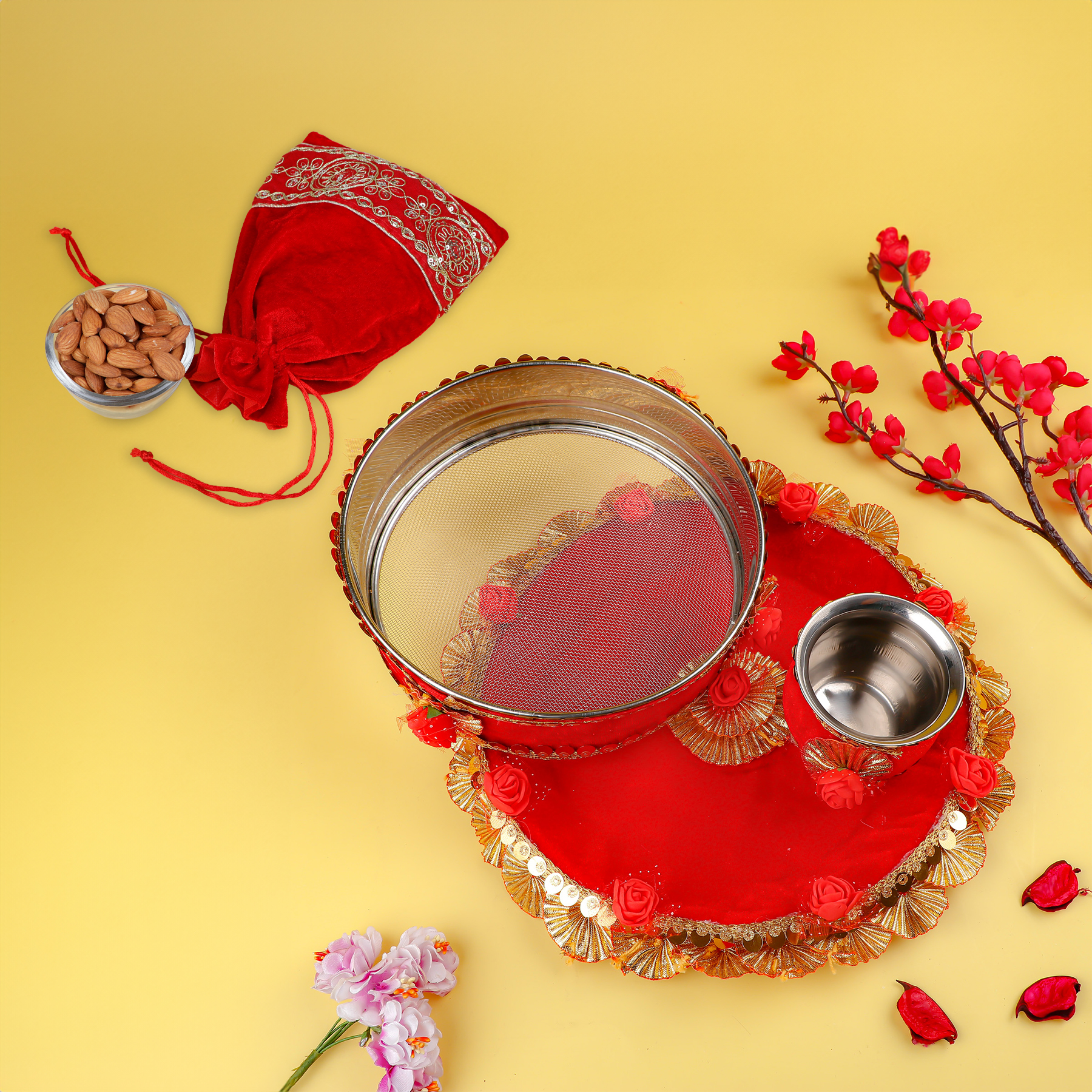 Karwa Chauth Thali Set Red with Dry Fruits