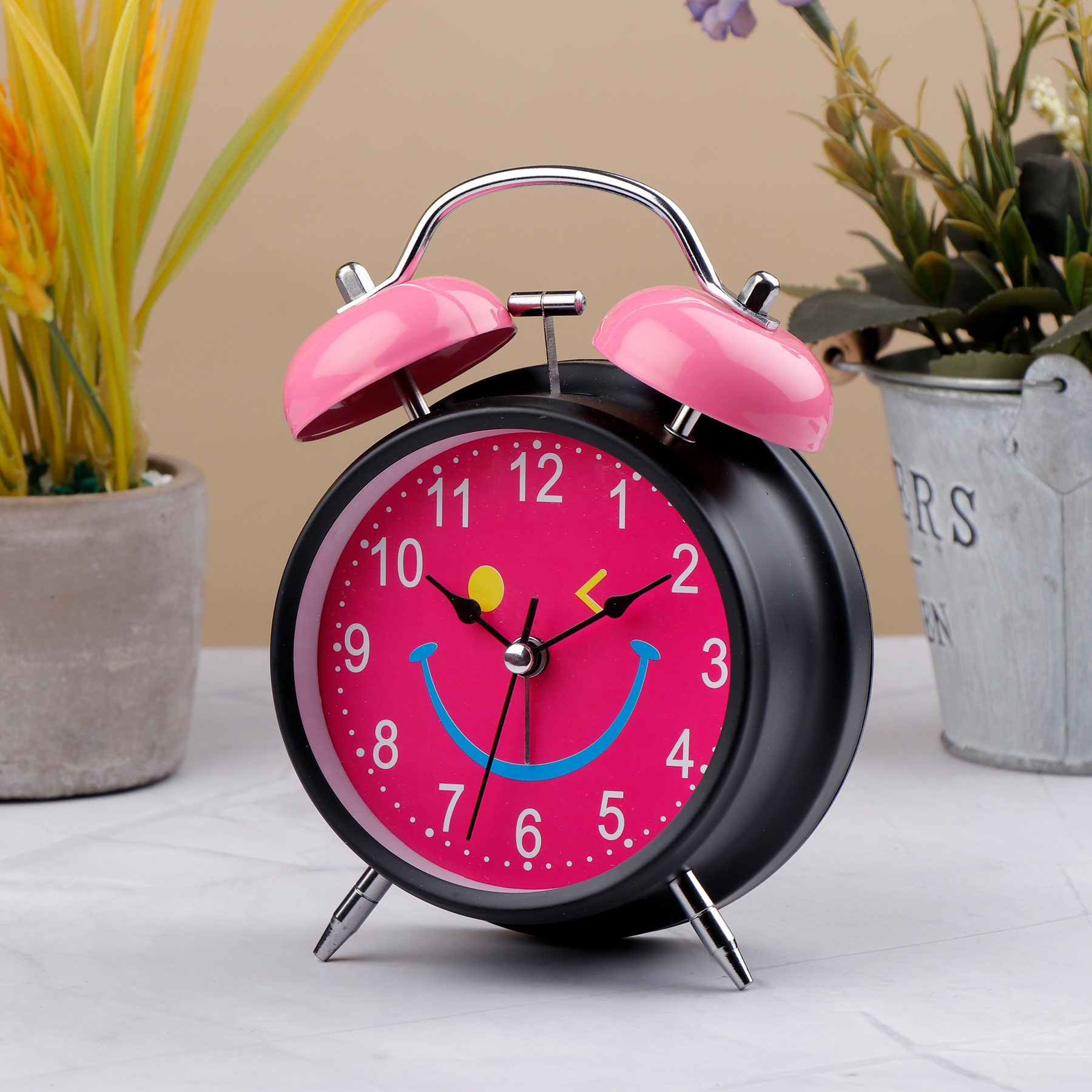 Twin Bell Smiling Face Alarm Clock Pink