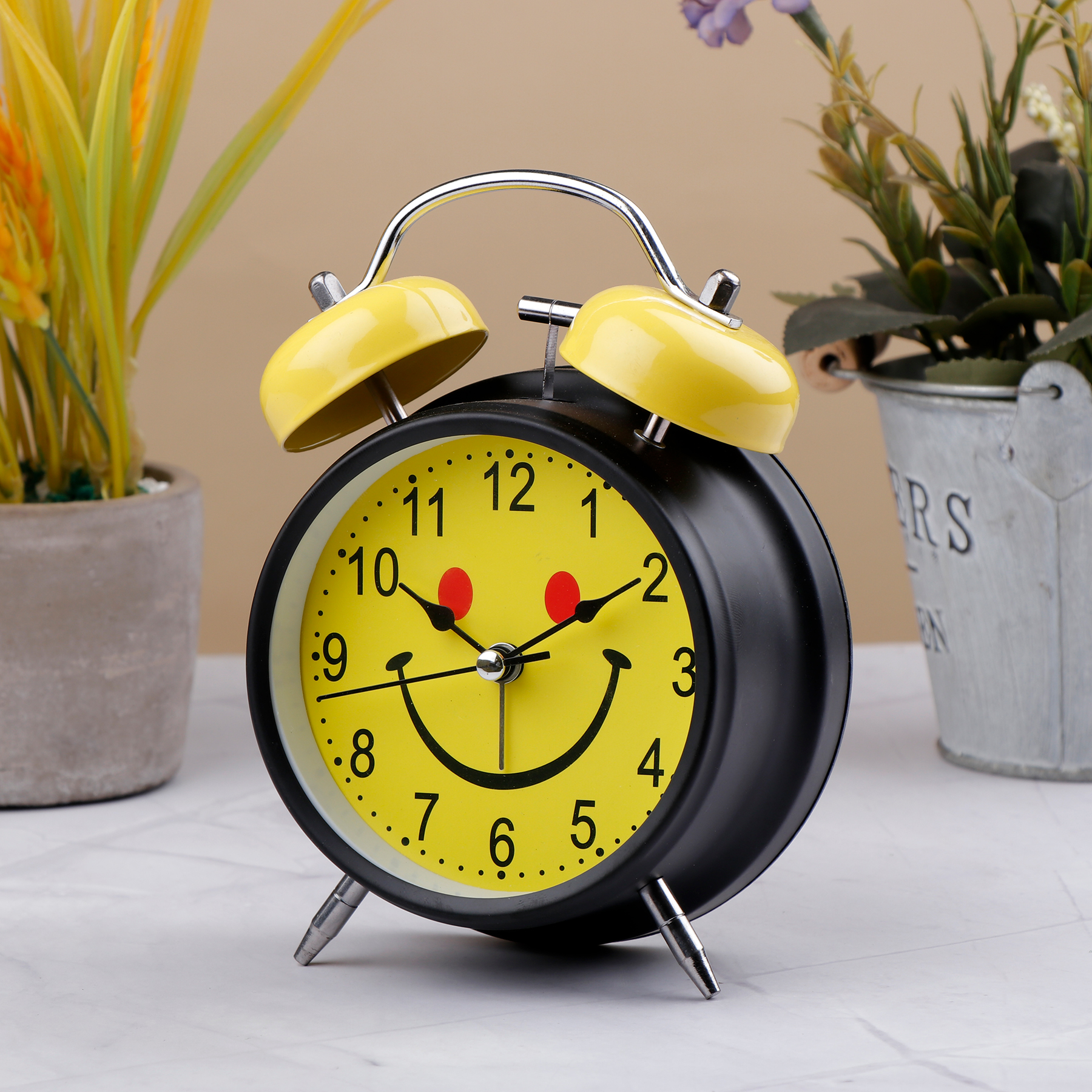 Twin Bell Smiling Face Alarm Clock Yellow