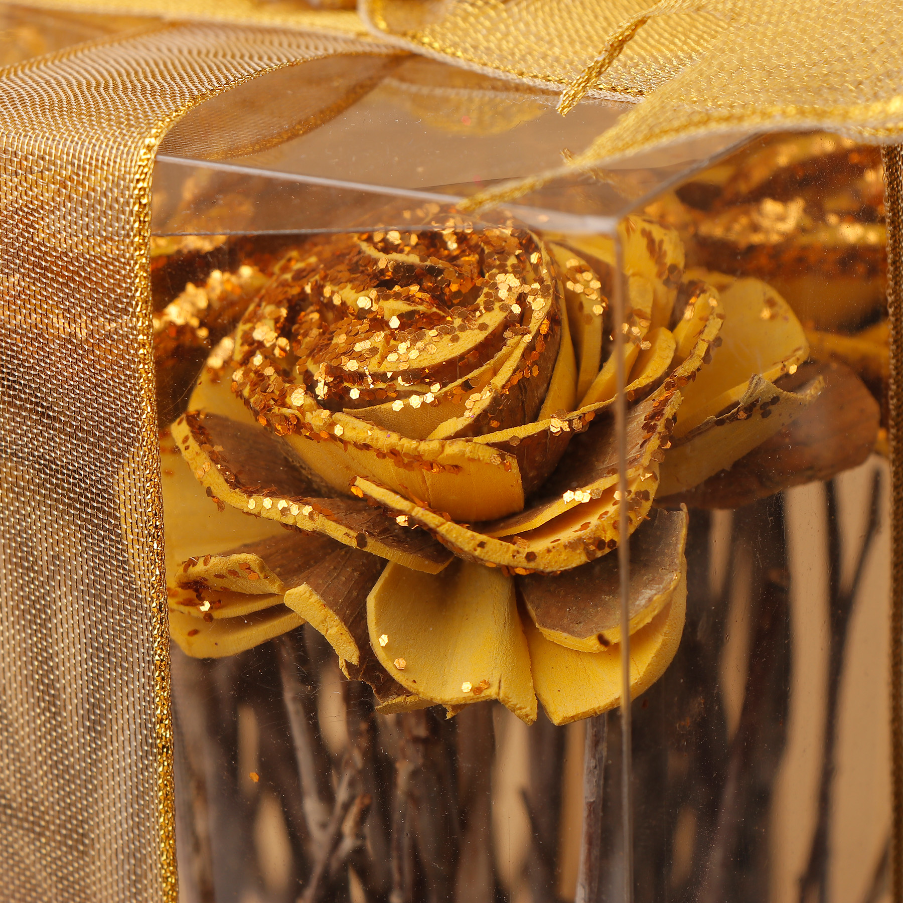 Sparkling Yellow Rose Wooden Vase