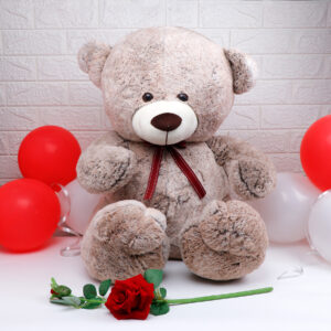 Brown Huggable Teddy Bear With Artificial Rose