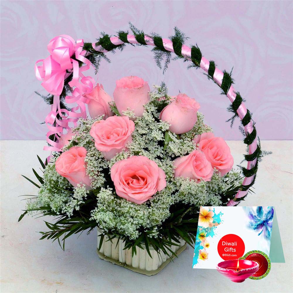 Pink Roses Basket for Diwali